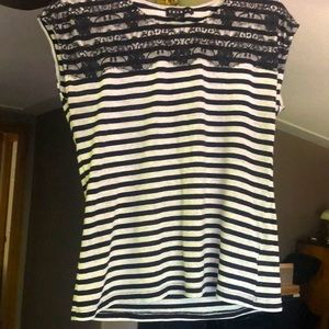 “Tribal” Short sleeve Black and Light Grey striped blouse w/ black lace detail.